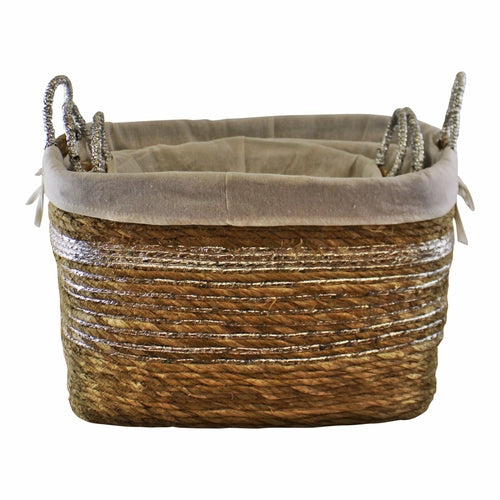 Fabric Lined Raffia & Silver Baskets - Set of 3 - Crafty Inventors